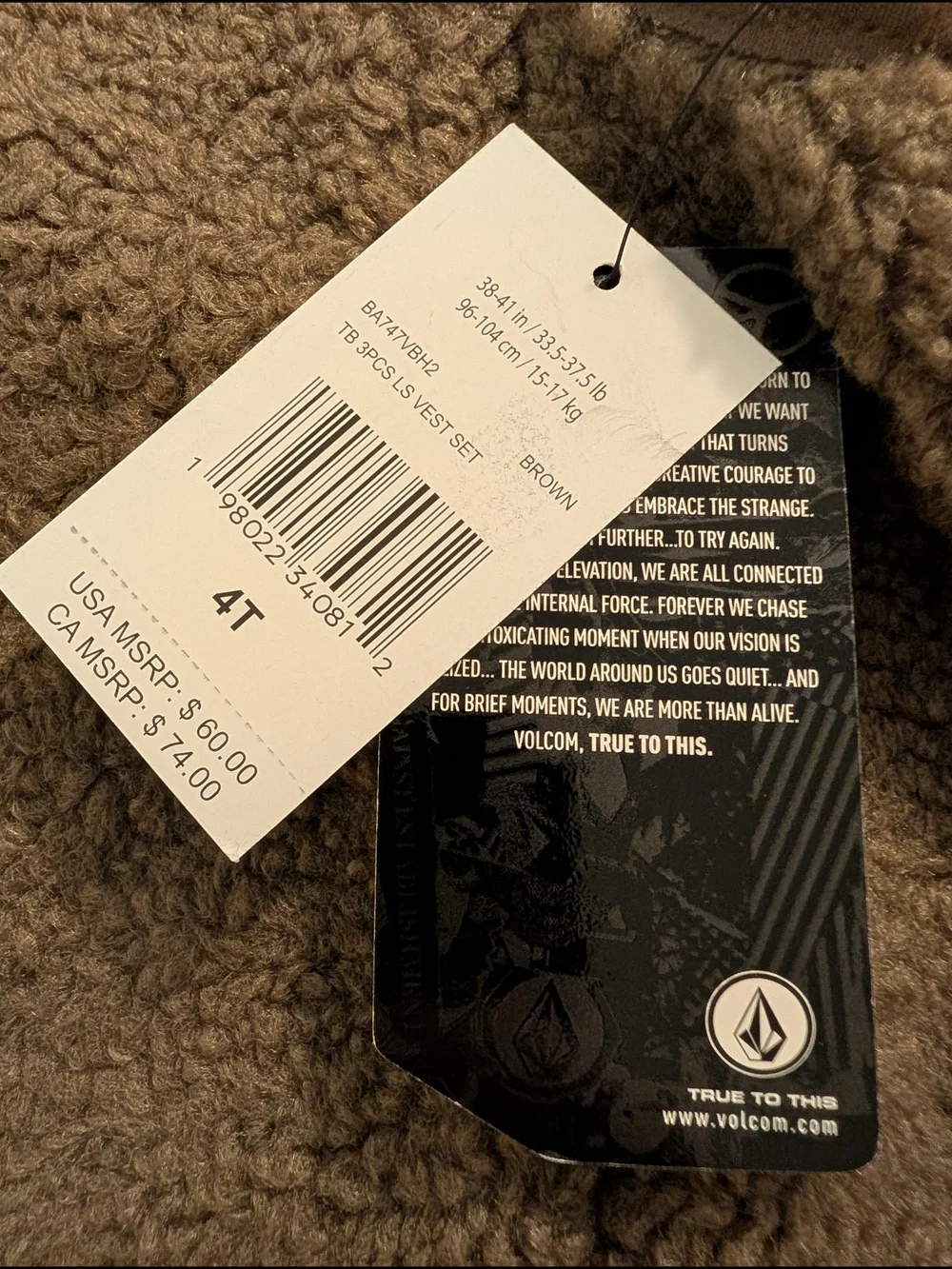 4T NWT Volcom Kids Brown Sherpa Zip Vest